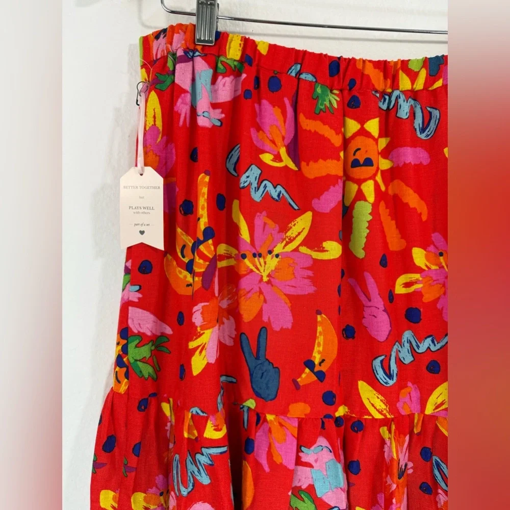 NWT Maison d’Amelie Hawaiian Multicolor Linen Boho Tiered Peasant Midi Skirt L